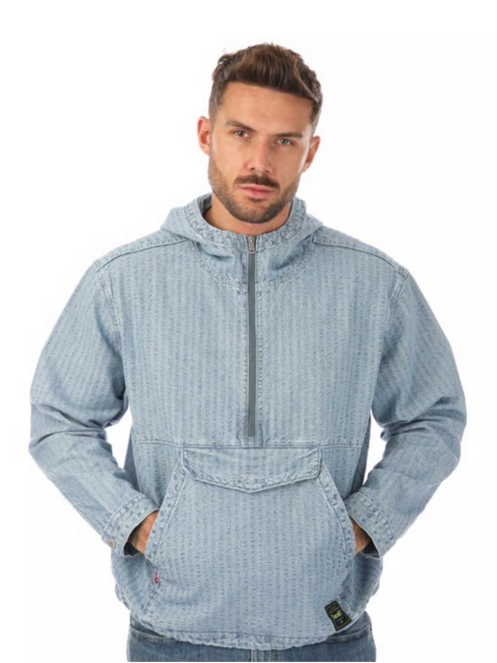 Levi's Sutro Denim Anorak Jacket Large Hooded 1/2 Zip Striped Cotton Pockets L